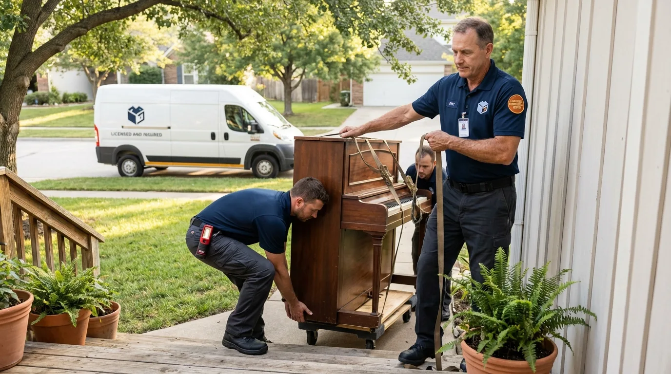 Licensed piano movers securing grand piano in Spring Hill, KS